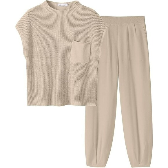 Anrabess Womens Sweater Set Two Piece Knit Boxy Top & High Waist Pants M Tan - Picture 1 of 16